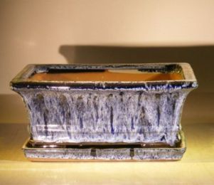 Marble Blue Ceramic Bonsai Pot - Rectangle Professional Series with Attached Humidity/Drip tray 8.5" x 6.5" x 3.5"