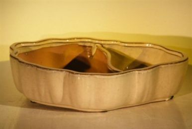 Beige Ceramic Bonsai Pot - Oval with Scalloped Edges - Land/Water Divider   9.5" x 7.5" x 2.25"