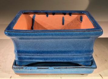 Blue Ceramic Bonsai Pot -Rectangle With Humidity Drip Tray 6" x 4.5" x 3"