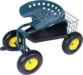Garden Cart Rolling Work Seat with Tool Tray and 360 Swivel Seat