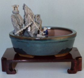 Water/Stone Landscape Scene  Ceramic Bonsai Pot - 8" x 6"