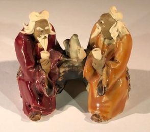 Ceramic Figurine Two Men Sitting On A Bench Drinking Tea - 2.5" Color: Red & Orange