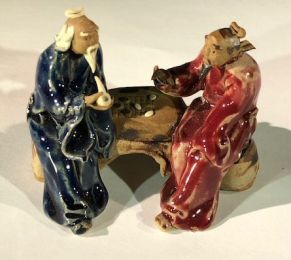 Ceramic Figurine Two Men Sitting On A Bench Playing Chess - 3" Color: Blue & Red