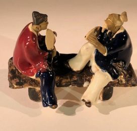Ceramic Figurine Two Men Sitting On A Bench With Fans- 3" Color: Blue & Red