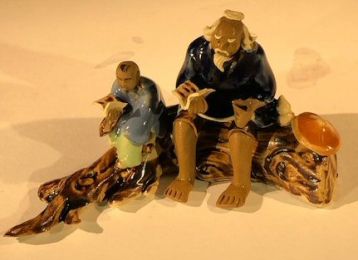 Miniature Ceramic Figurine Father & Son Sitting on a Log Reading Books - 2.5" Color : Powdered Blue and Blue
