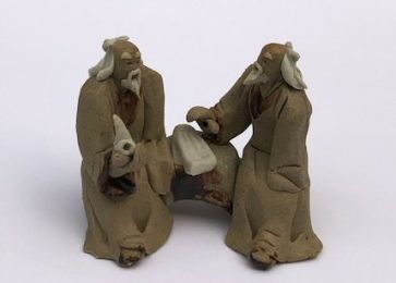 Ceramic Figurine Two Mud Men Sitting On A Bench Holding Pipe 2"