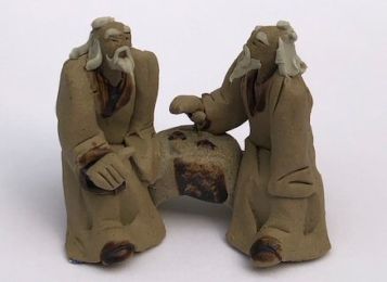 Ceramic Figurine Two Mud Men Sitting On A Bench Playing Chess 2"