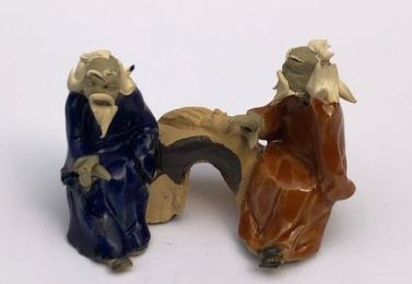 Ceramic Figurine Two Men Sitting On A Bench - 2" Playing Musical Instrument Color: Blue & Orange