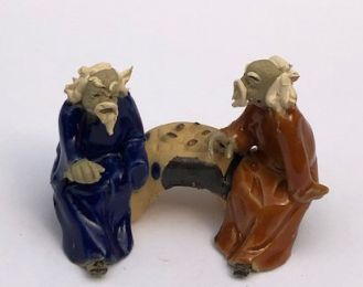 Ceramic Figurine Two Men Sitting On A Bench - 2" Playing Chess Color: Blue & Orange