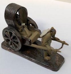 Miniature Ceramic Figurine  Mud Man Pulling Rickshaw - 4"