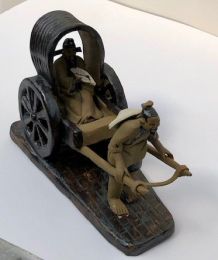 Miniature Ceramic Figurine Mud Man Pulling Rickshaw - 4"