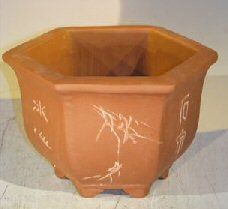 Unglazed Bonsai Pot with Etching and Raised Feet   8.0" x 8.0" x 4.75"OD  6.25" x 6.25" x 4.25" ID