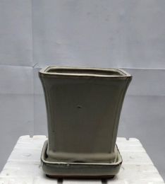 Beige Ceramic Bonsai Pot Square With Attached Humidity / Drip Tray   5.25" x 5.25" x 5.5"