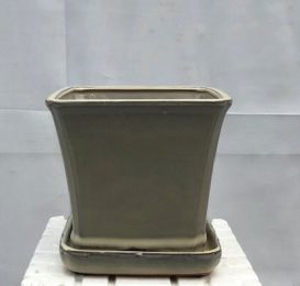 Beige Ceramic Bonsai Pot Square With Attached Humidity / Drip Tray   7.5" x 7.5" x 7.0"