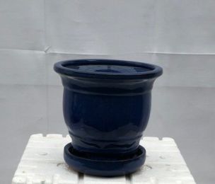 Blue Ceramic Bonsai Pot - Round Attached Humidity/Drip tray 5.75" x 5.75" x 5.0"