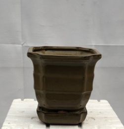Olive Green Ceramic Bonsai Pot - Square  With Attached Humidity / Drip Tray 5.5" x 5.5" x 5.5"
