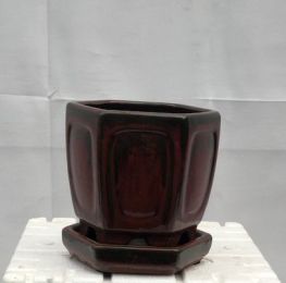 Parisian Red Ceramic Bonsai Pot - Hexagon With Attached Humidity Drip Tray 5.5" x 5.5" x 5.5"