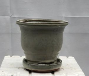 Beige Ceramic Bonsai Pot - Round With Attached Humidity Drip Tray 5.75" x 5.75" x 5.5"