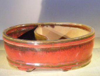 Parisian Red Ceramic Bonsai Pot - Oval  Land/Water Divider   10" x 8" x 3.75"